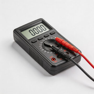 This studio shot shows a black digital multimeter with test probes resting on its control panel, displaying 0000 on its LCD screen against a plain white background.
