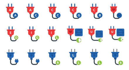 Fototapeta premium Electrical Plugs and Sockets Set: Different Types and Countries