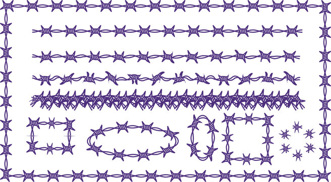 Purple hand drawn barbed wire vector set including borders frames and textured line styles.