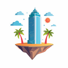 Obraz premium Floating Island with Skyscraper and Palm Trees
