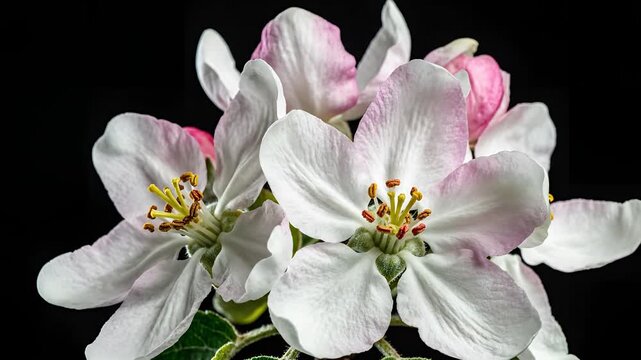 Closeup of delicate apple blossoms opening on a dark background.