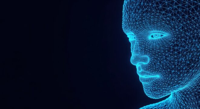 Digital human face profile with glowing blue technology lines illustration