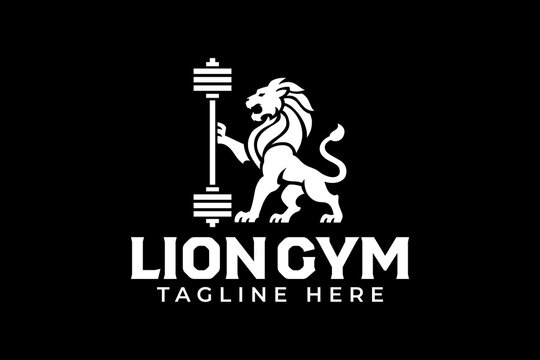 Lion holding barbell modern logo design for fitness. Gym geometric logo design with lion and barbell. Bodybuilding, weightlifting, training, wellness, exercise. Vector Illustration
