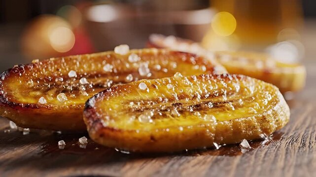 Closeup of delicious fried plantains sprinkled with coarse salt.