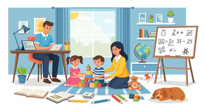 Family learning at home: parents teaching kids, remote work, playful education, warm atmosphere