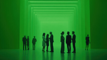 Fototapeta premium Corporate professionals in silhouette collaborate and network in an abstract, neon-green tunnel of light and futuristic architecture
