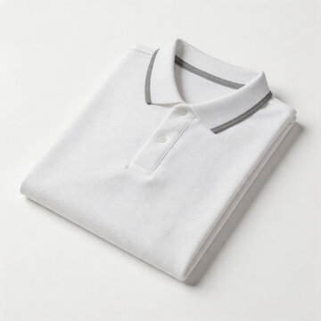 A folded white contrast grey trim polo shirt laid flat on a neutral solid background, showcasing the classic collar and button placket detail.