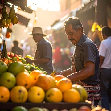 Man selling fresh fruits at market.