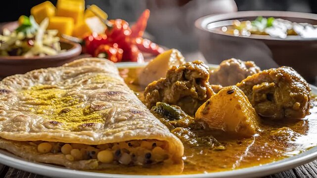 Delicious Indian Thali Meal with Curry and Roti.