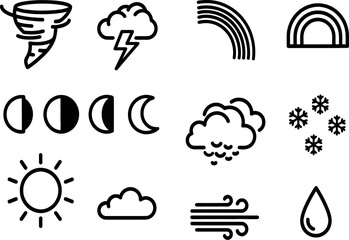 Obraz premium Minimalist weather icon set, black line art meteorology symbols, vector collection of sun moon and storm elements for mobile apps