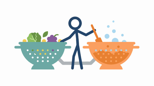 Person preparing food using colanders for washing and boiling