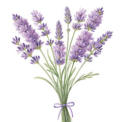Obraz premium Bouquet of lavender flowers tied with ribbon isolated on white background