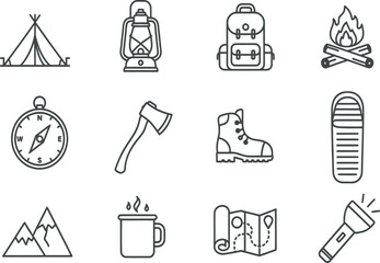 Fototapeta premium Camping line icons set, outdoor adventure hiking gear collection, 12 minimalist travel and wilderness survival vector elements for web design