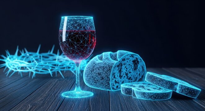 Wine and bread with a crown of thorns on a dark table illustration