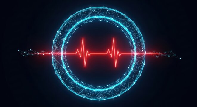 Glowing digital heart beat pulse on abstract blue circle illustration