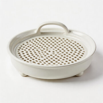 This is a round ceramic kitchen strainer bowl with an integrated handle, raised feet and a perforated draining surface for food prep.
