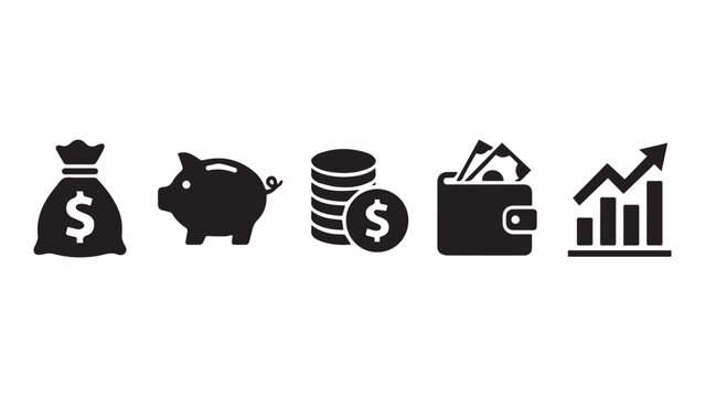Finance icons. Business Icons, money signs. Money silhouette collection. Wallet with cards icon. Coins silhouette icon. Growth chart. Moneybag or stash. Piggy bank flat style