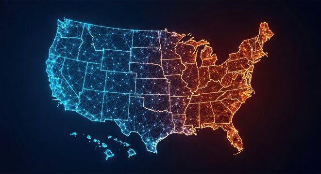Glowing neon map of the united states with state borders illustration