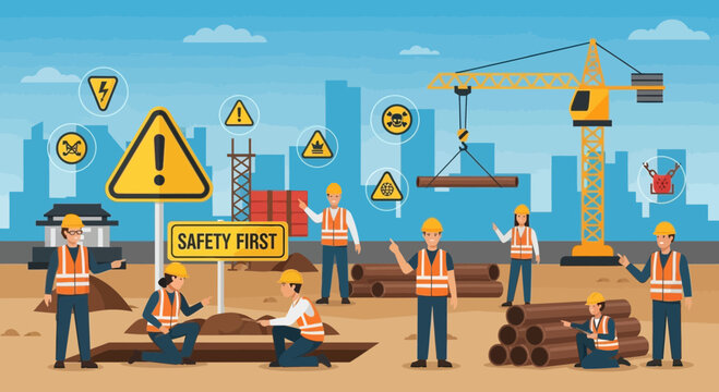 Construction Site Safety First: Workers, Crane, Buildings, Warning Signs