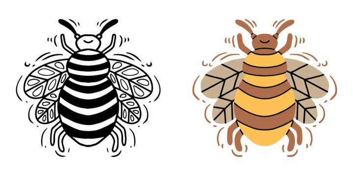 Hand drawn minimalist bumblebee icons in black line art and yellow color. Simple organic honeybee graphic elements for logo design and kids education