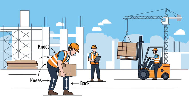 Construction workers demonstrating safe lifting techniques with forklift and boxes