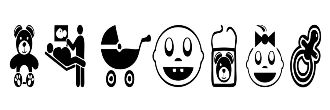 Black Silhouette Baby Editable Vector Icons Collection for Nursery Branding and Craft Design Use