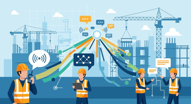 Construction Site Communication Network, Smart Building Technology, Workers with Digital Devices