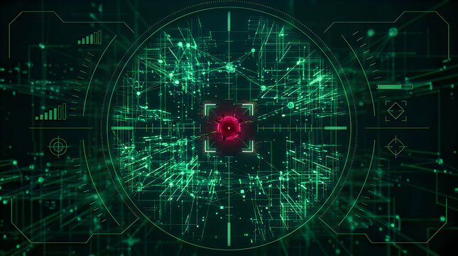 Abstract green digital network with a red glowing center point
