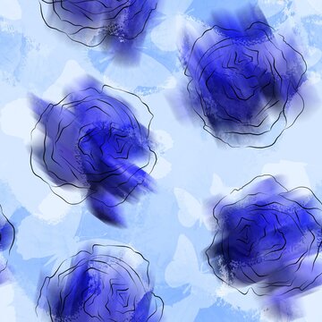 Abstract Blurred Roses and Butterfly Silhouettes Seamless Textile Upholstery Pattern with Tie Dye Batik Background
