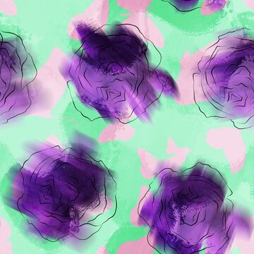 Abstract Blurred Roses and Butterfly Silhouettes Seamless Textile Upholstery Pattern with Tie Dye Batik Background