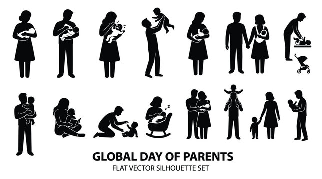 Global day of parents flat vector silhouette set showing diverse care activities.