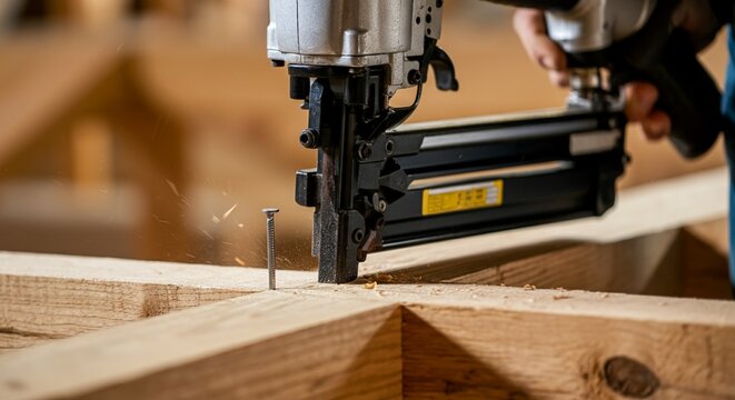 Action freeze-frame of an automated pneumatic nail gun driving a steel nail into an oak beam.