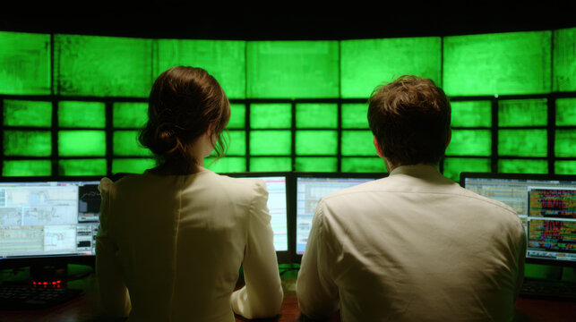 Dedicated IT professionals intensely monitoring critical data on multiple computer screens in a high-tech control room environment