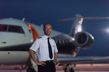 Private jet pilot in uniform standing confidently on runway beside business jet at night © .shock
