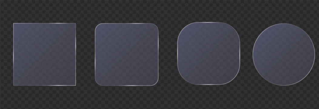 Glassmorphic geometric shapes set, frosted transparent glass badges with glossy frames, vector