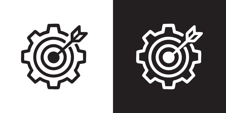 Minimalist Gear and Target Icon with Arrow - Black and White Business Goal Symbol, Process Optimization, and Strategic Alignment Vector