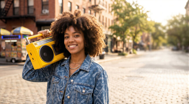 A smiling young African American woman with an afro hairstyle carries a yellow vintage radio on her shoulder while walking down a sunny cobblestone street in a city urban area.