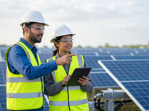 indian engineers discussing solar energy plant operations for renewable power sustainability engineering and clean energy concept