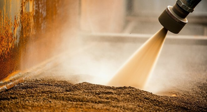 Action freeze-frame of a high-power industrial sandblaster stripping rust off a steel plate.