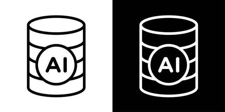 Minimal AI database icon in outline style featuring intelligent data storage, smart database systems, cloud infrastructure, and AI technology.