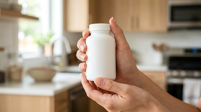 Hands holding a plain white plastic supplement bottle in a modern kitchen setting with supplement, medicine