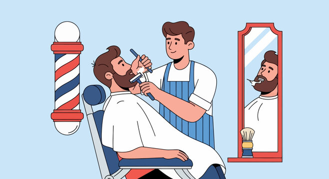 Barber Shaving Client in Vintage Salon Illustration