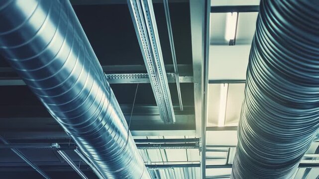 Metal hvac ducts and air conditioning piping running across a building ceiling, facilitating air movement and maintaining optimal climate control for modern infrastructure