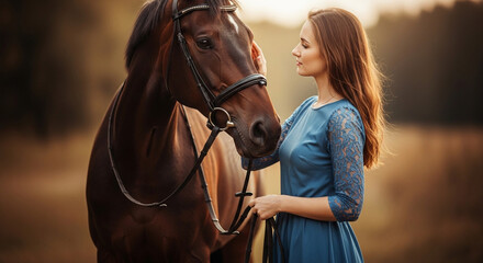 Obraz premium Young woman in blue dress standing next to brown horse with bridle in outdoor setting