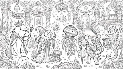 Obraz premium Underwater royal ocean celebration coloring page, fantasy sea creatures in coral castle, black and white line art vector for kids activity book
