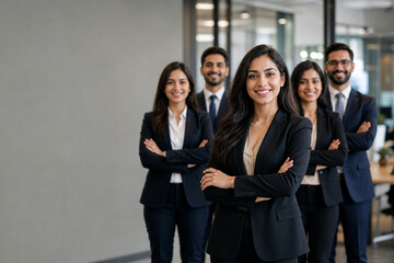 Obraz premium Female insurance advisor with insurance office team, claim specialists, customer support staff, financial services, risk management, policy consultants, corporate workplace, insurance industry