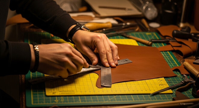 Skilled craftsman cutting brown leather with a utility knife on a cutting mat in workshop