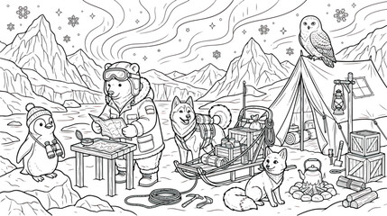 Arctic expedition coloring page vector, polar bear and penguin exploring snowy mountains, winter wilderness camping scene with husky sled © Ch