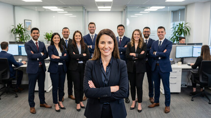 Obraz premium Female insurance advisor with insurance office team, claim specialists, customer support staff, financial services, risk management, policy consultants, corporate workplace, insurance industry