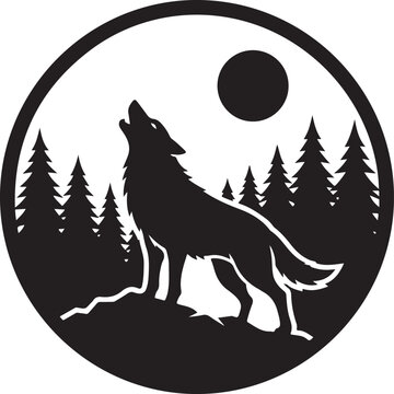 Black silhouette of a wolf howling at the moon in a circular frame with pine trees in the forest